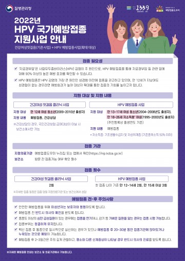  사람유두종바이러스 감염증 HPV 국가예방접종 무료 대상자 확대