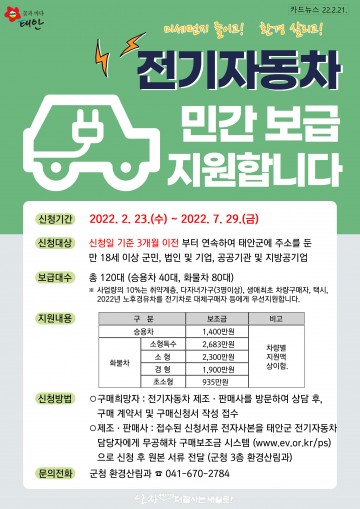 친환경자동차인 전기자동차 보급 지원에 나선 태안군