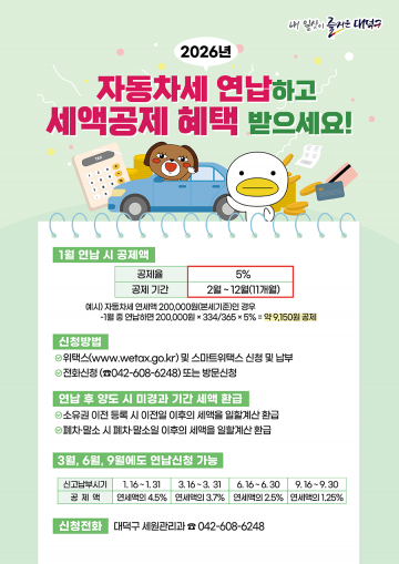 대전 대덕구, 자동차세 연납 신청 2월 2일까지…5% 공제 혜택 제공