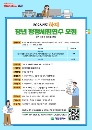 대전시, 청년 행정체험 80명 모집…157만원 지급