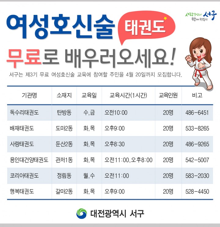 대전 서구, ‘제3기 무료 여성호신술 교육’ 모집