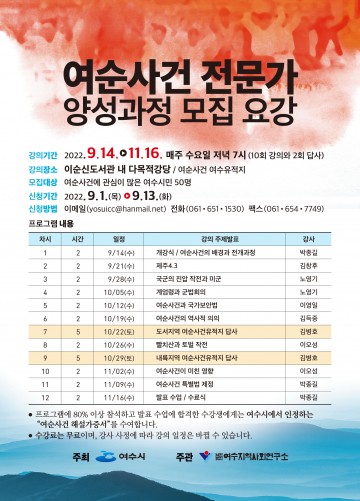 여수 이순신도서관서 ‘여순사건 전문가 양성과정’ 프로그램 운영