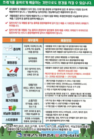 봉화군 재활용품 적정 분리배출 방법 홍보
