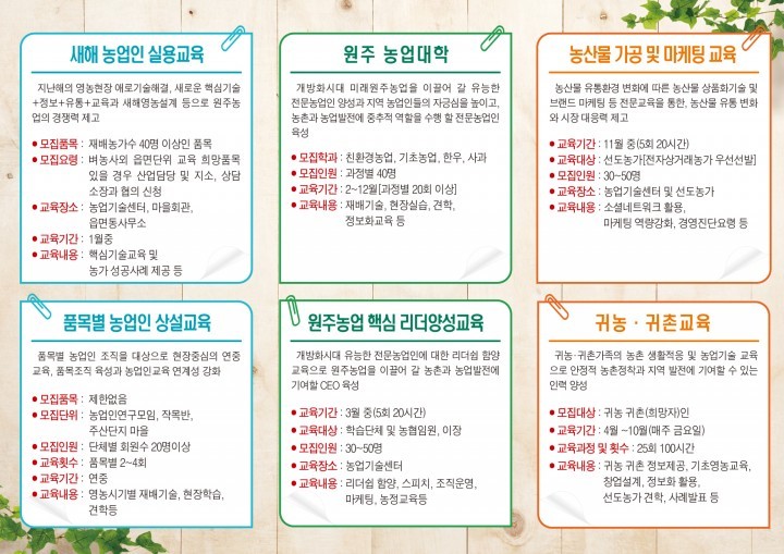 원주농업기술센터, 2016년 농업인 교육 접수