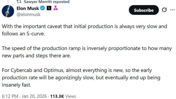 머스크 “사이버캡·옵티머스, 초기엔 느리지만 결국 ‘미친 속도’로 생산”