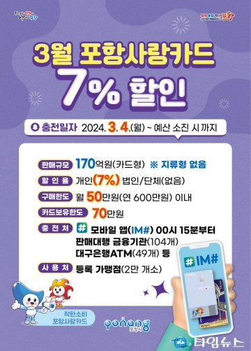 3월 포항사랑카드 7% 상시 할인판매로 지역경제 활성화 견인!