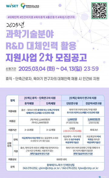 충북테크노파크, 2025년 과학기술 R&D 대체인력 지원사업 2차 모집