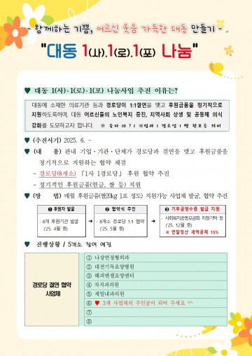 대전 동구, 기업과 경로당이 함께하는 ‘대동 1‧1‧1 나눔’ 사업 추진