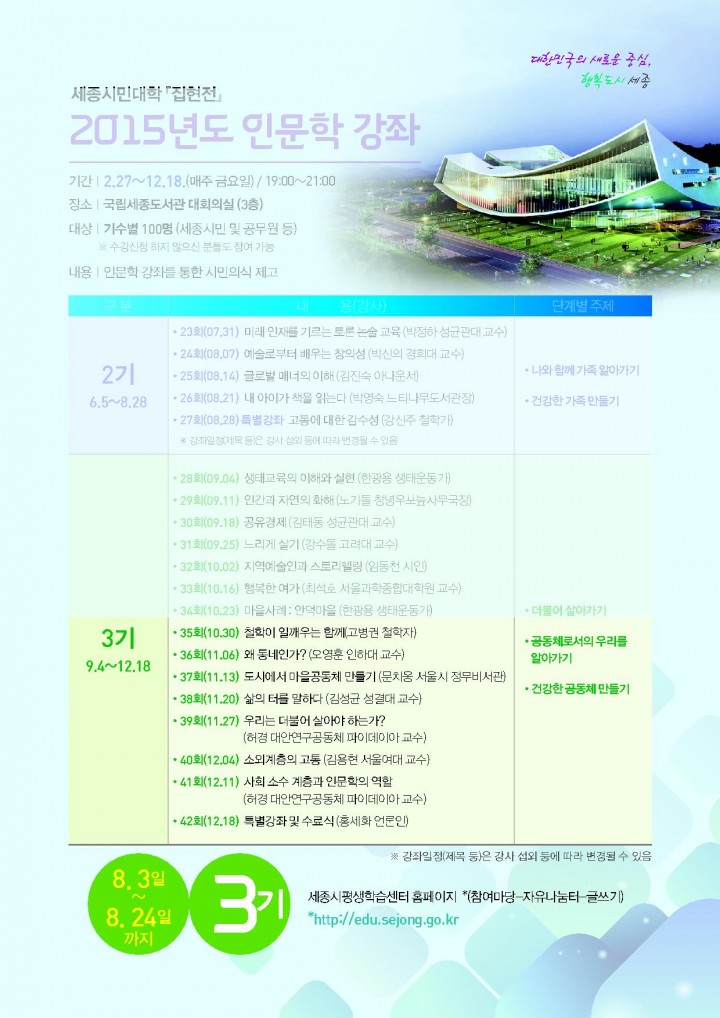 세종시, 세종시민대학 ‘집현전’ 인문학 강좌