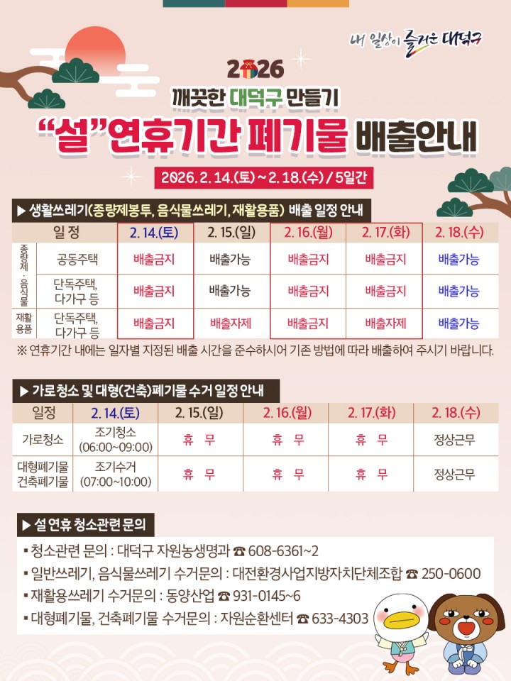 대전 대덕구, 설 연휴 쓰레기 수거 중단 3일…상황실·기동반 운영