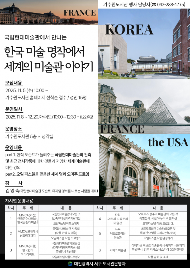 대전 서구 가수원도서관, ‘세계 미술관 이야기’ 강좌 운영